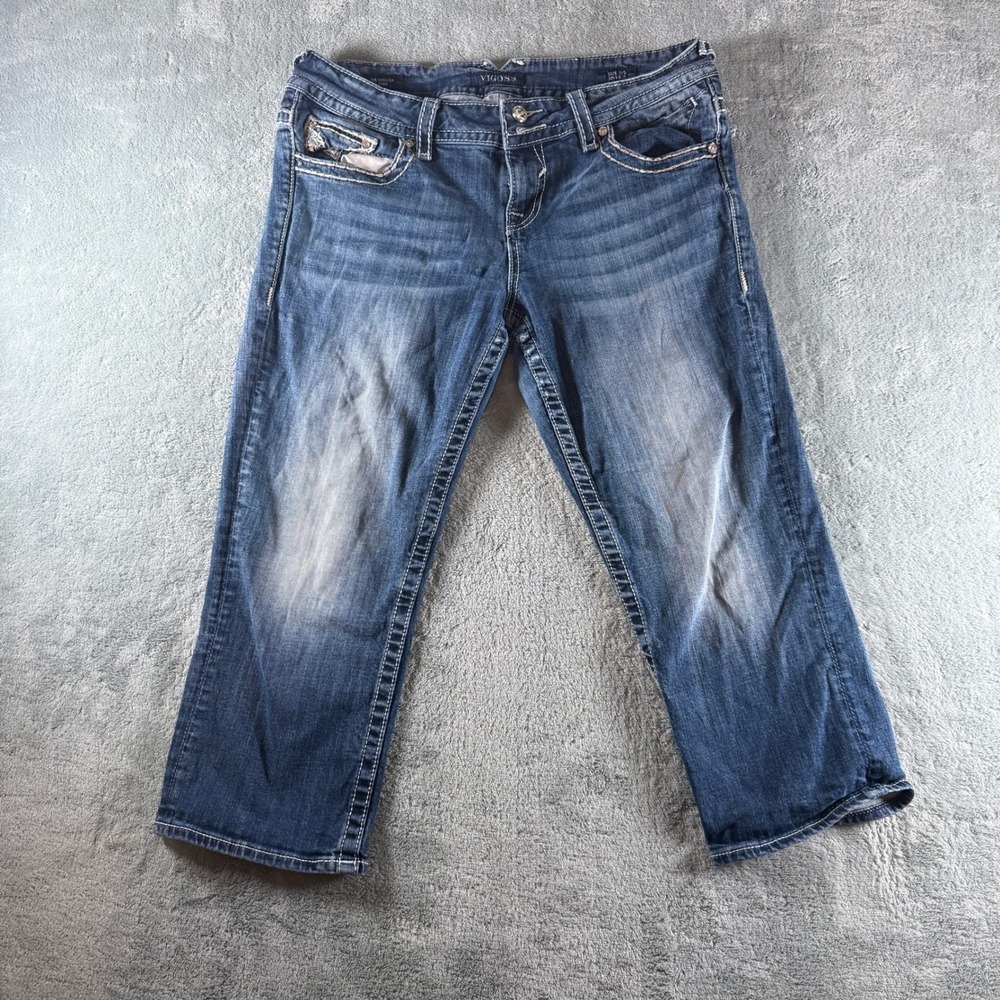 Vigoss Chelsea Capri Jeans Womens 11/12 Medium Wash Embroidered Rhinestone Blue